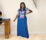 Plus Size Printed Tassel Short Sleeve Brooch Maxi Dress OM-1372