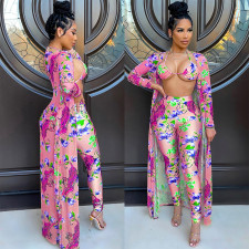 Floral Print Bra +Long Cloak+Pants 3 Piece Sets TE-4446