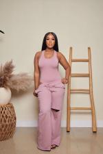 Solid Sleeveless Bodysuit+Hole Wide Leg Pants 2 Piece Sets MTY-6635