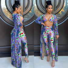 Floral Print Bra +Long Cloak+Pants 3 Piece Sets TE-4446