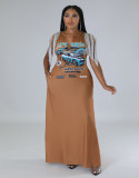 Plus Size Printed Tassel Short Sleeve Brooch Maxi Dress OM-1372
