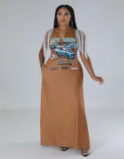 Plus Size Printed Tassel Short Sleeve Brooch Maxi Dress OM-1372