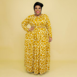 Plus Size Printed Long Sleeve Maxi Skirt 2 Piece Sets OSIF-22457