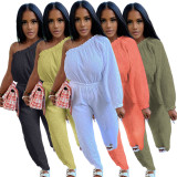 Solid One Shoulder Long Sleeve Pockets Jumpsuit ASL-6595