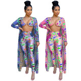 Floral Print Bra +Long Cloak+Pants 3 Piece Sets TE-4446
