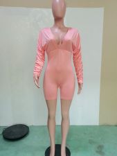Solid V Neck Backless Ruched Sleeve Tight Romper BN-B835