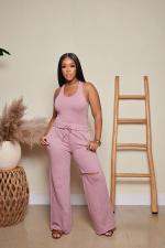 Solid Sleeveless Bodysuit+Hole Wide Leg Pants 2 Piece Sets MTY-6635