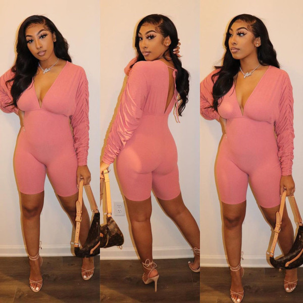 Solid V Neck Backless Ruched Sleeve Tight Romper BN-B835