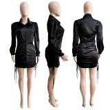 Solid Long Sleeve Drawstring Shirt Dress ME-8182