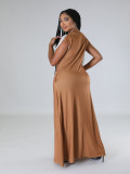 Plus Size Printed Tassel Short Sleeve Brooch Maxi Dress OM-1372