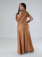 Plus Size Printed Tassel Short Sleeve Brooch Maxi Dress OM-1372
