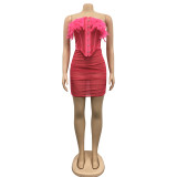 Sexy Mesh Feather Tube Top Mini Skirt 2 Piece Sets BY-5903