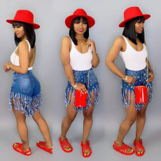 Plus Size Denim Rhinestones Tassel Jeans Shorts SH-390340