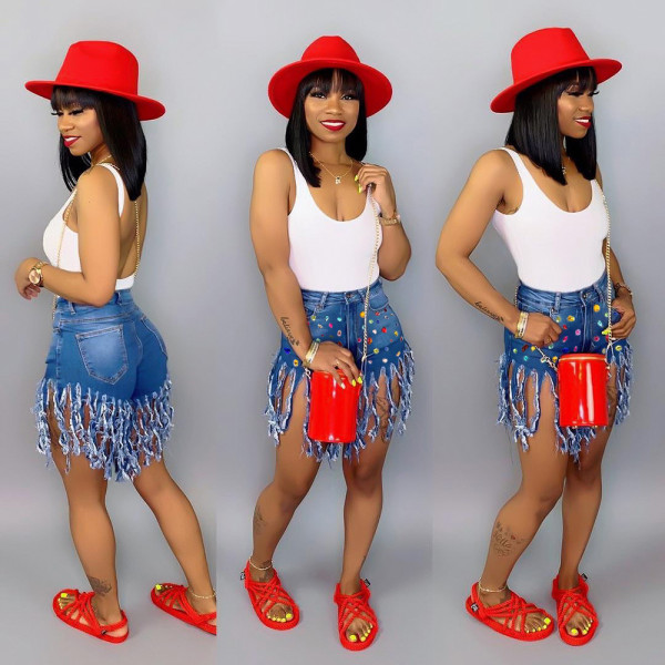 Plus Size Denim Rhinestones Tassel Jeans Shorts SH-390340