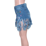 Plus Size Denim Rhinestones Tassel Jeans Shorts SH-390340