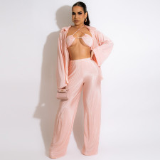 Solid Bra Top+Long Sleeve Shirt+Pants 3 Piece Sets SH-390377