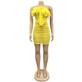 Sexy Mesh Feather Tube Top Mini Skirt 2 Piece Sets BY-5903