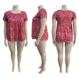 Plus Size Floral Print O Neck Short Sleeve Top ME-6109
