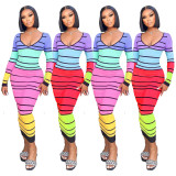 Sexy Striped Backless Long Sleeve Slim Maxi Dress WSM-5330