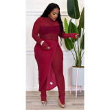 Sexy Mesh See Through Long Sleeve Jumpsuit+Split Skirt 2 Piece Sets ASL-6596