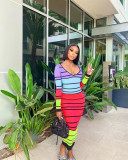Sexy Striped Backless Long Sleeve Slim Maxi Dress WSM-5330