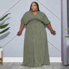 Plus Size Polka Dot Print V Neck High Waist Maxi Dress NNWF-7560