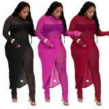 Sexy Mesh See Through Long Sleeve Jumpsuit+Split Skirt 2 Piece Sets ASL-6596