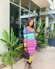 Sexy Striped Backless Long Sleeve Slim Maxi Dress WSM-5330
