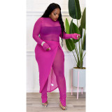 Sexy Mesh See Through Long Sleeve Jumpsuit+Split Skirt 2 Piece Sets ASL-6596