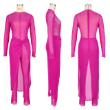 Sexy Mesh See Through Long Sleeve Jumpsuit+Split Skirt 2 Piece Sets ASL-6596