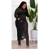 Sexy Mesh See Through Long Sleeve Jumpsuit+Split Skirt 2 Piece Sets ASL-6596