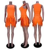 Solid Sleeveless Tank Tassel Drawstring Shorts 2 Piece Sets MDF-5330