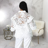 White Lace Hollow Out Lace-Up Blouse Top YF-10200