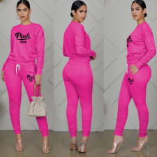 Pink Letter Print Long Sleeve 2 Piece Pants Sets XMF-154
