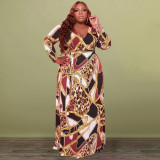 Plus Size Printed V Neck Long Sleeve Sashes Maxi Dress OSIF-22429