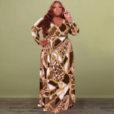 Plus Size Printed V Neck Long Sleeve Sashes Maxi Dress OSIF-22429
