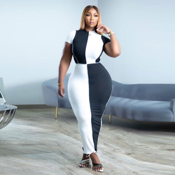 Plus Size Ribbed Contrast Color Maxi Skirt 2 Piece Sets NY-10227
