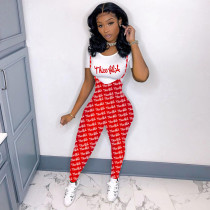 Casual Printed T Shirt+Strap Jumpsuit 2 Piece Sets SHD-9823