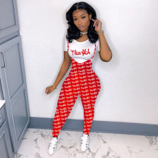 Casual Printed T Shirt+Strap Jumpsuit 2 Piece Sets SHD-9823