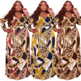 Plus Size Printed V Neck Long Sleeve Sashes Maxi Dress OSIF-22429