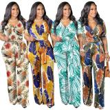 Plus Size Printed V Neck Short Sleeve Sahes Jumpsuit ME-6061