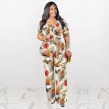 Plus Size Printed V Neck Short Sleeve Sahes Jumpsuit ME-6061