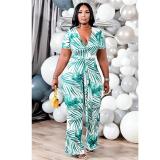 Plus Size Printed V Neck Short Sleeve Sahes Jumpsuit ME-6061