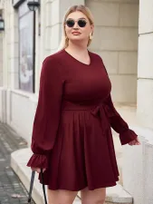 Plus Size Solid Long Sleeve Sashes Mini Dress ONY-2151