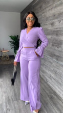 Solid Flare Sleeve V Neck Long Sleeve Jumpsuit YS-S826