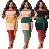 Plus Size Color Splice Long Sleeve Sashes Midi Dress OSIF-22499