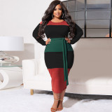 Plus Size Color Splice Long Sleeve Sashes Midi Dress OSIF-22499