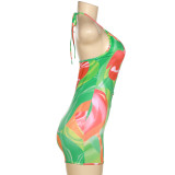 Fashion Halter Print Hollow Tight Rompers XEF-K22Q15823