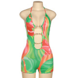 Fashion Halter Print Hollow Tight Rompers XEF-K22Q15823