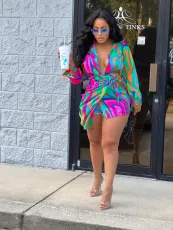 Sexy Printed Long Sleeve Mini Shirt Dress JZHF-8116
